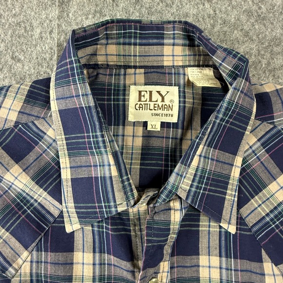 Ely Cattleman Mens XL Plaid Snap Front Long Sleeve Western Shirt Blue Tan Green - Picture 2 of 13